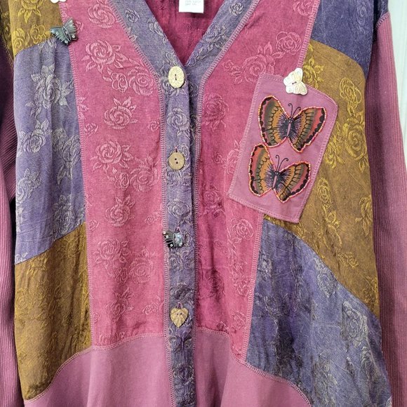 Art to Wear Beaded Butterfly Patchwork Lagen Look Button Front Top - Picture 6 of 7